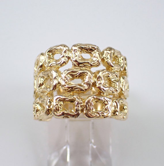 Vintage 14K Yellow Gold Multi Row Ring, Wide Right Hand Estate Anniversary Band, Unique Geometric Nugget Jewelry Gift