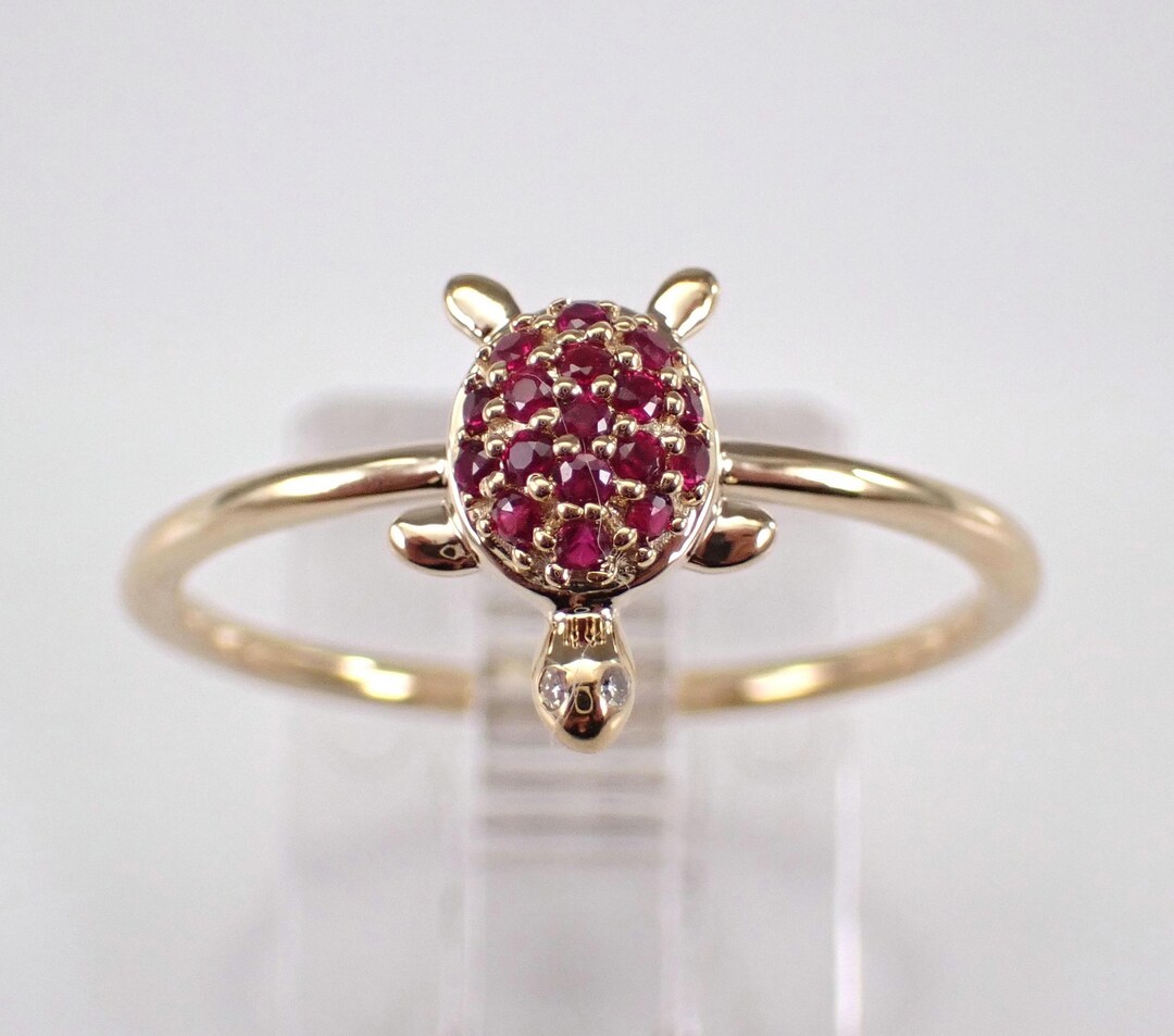 Yellow Gold Ruby Turtle Ring - Tortoise Gemstone Cluster Band - Unique ...