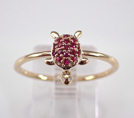 Yellow Gold Ruby Turtle Ring - Tortoise Gemstone Cluster Band - Unique Dainty Animal Jewelry Gift