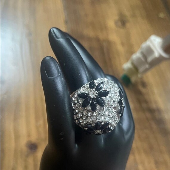 Sparkling Flower Statement Ring Silver Crystal Bl… - image 3