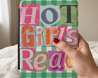 Funda para Kindle con diseño de chicas guapas leyendo / Letras retro coloridas, fondo a cuadros, estilo revista
