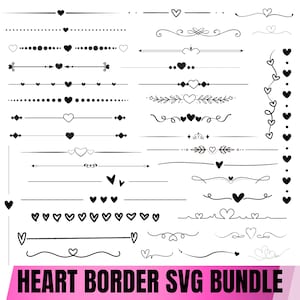 Puede incluir: Una colección de divisores y bordes digitales negros con temática de corazones que presentan varios estilos de líneas, adornos y formas de corazón. El gráfico incluye el texto HEART BORDER SVG BUNDLE en la parte inferior de la imagen.