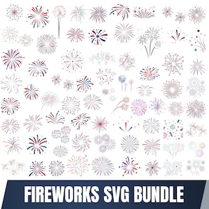 May include: A digital collection of various firework illustrations in red, white, and blue, featuring diverse starburst, radial, and linear patterns. The graphic set is labeled with the text FIREWORKS SVG BUNDLE at the bottom.