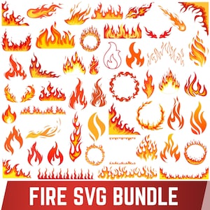 May include: A collection of various fire and flame illustrations in shades of yellow, orange, and red, featuring individual flames, circular fire wreaths, and linear flame borders, with the text FIRE SVG BUNDLE at the bottom.