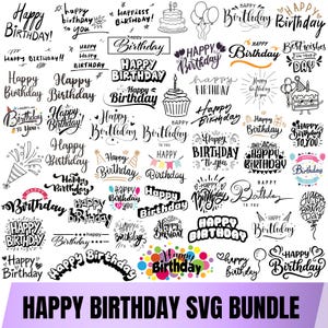 May include: A digital collection of various Happy Birthday typographic designs, including script, block, and decorative fonts. The graphics feature illustrations of birthday cakes, cupcakes, balloons, party hats, and confetti in black and white.