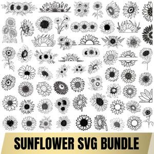 Può includere: Una collezione digitale di illustrazioni di girasoli in bianco e nero con vari arrangiamenti floreali, singoli fiori e disegni di mezzo girasole. Il testo SUNFLOWER SVG BUNDLE è stampato in grassetto nero in lettere maiuscole in basso.