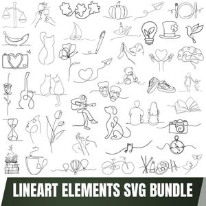 May include: A collection of black line art illustrations featuring various icons such as a scale, wine glasses, puzzle pieces, a pumpkin, a paper plane, a camera, a cat, a flower, a guitar, a dog, a teddy bear, a brain, and a bicycle. The text reads LINEART ELEMENTS SVG BUNDLE.