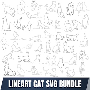 May include: A collection of black line art illustrations featuring various cat poses and silhouettes. The graphic set includes numerous feline figures in different positions, such as sitting, stretching, and walking, with the text LINEART CAT SVG BUNDLE.