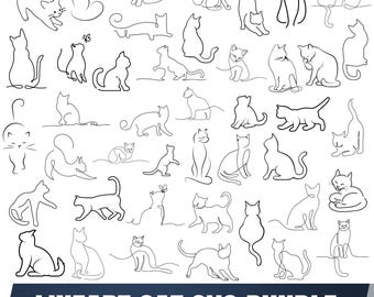 May include: A collection of black line art illustrations featuring various cat poses and silhouettes. The graphic set includes numerous feline figures in different positions, such as sitting, stretching, and walking, with the text LINEART CAT SVG BUNDLE.