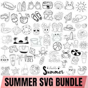May include: A collection of black and white line art illustrations featuring summer themes including surfboards, sunglasses, ice cream, crabs, palm trees, beach gear, and tropical drinks. The text Summer, Summer VIBES, and hello Summer are included.