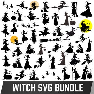 Può includere: Una collezione di sagome nere raffiguranti varie streghe, manici di scopa, calderoni e gatti, con alcuni accenti di luna gialla e la parola witch in corsivo. L'immagine include il testo WITCH SVG BUNDLE nella parte inferiore del grafico.