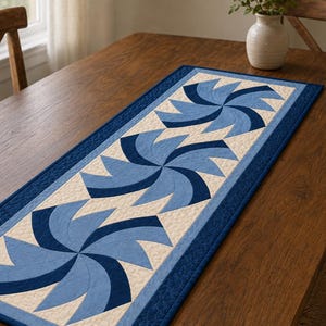 Blue Windmill Table Runner PDF Pattern, Beginner Pinwheel Quilt, 16 x 40 Inches