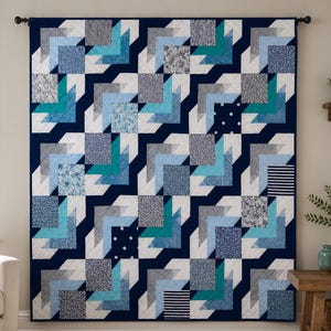 Modern Quilt Pattern PDF | Blue Geometric Quilt | Patchwork Quilt Pattern | Throw & Wall Hanging | Instant Download