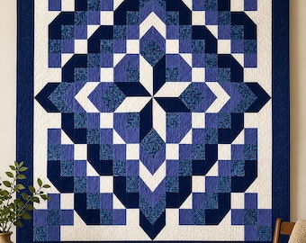 Motif de courtepointe géométrique bleu moderne PDF | Édredon de fleurs de grand-mère | Couette pour grand lit | Motif patchwork facile | Téléchargement instantané