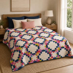 Starlight Chains Quilt Pattern PDF, Fat Quarter Friendly Scrappy Star Quilt, Baby to King Sizes