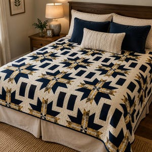May include: A bed with a cream-colored quilt featuring a geometric pattern of navy blue and gold starbursts. The bed is made up with navy blue velvet pillows and a cream-colored textured lumbar pillow. The bed skirt is cream-colored.