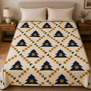 May include: A cream-colored quilt featuring a repeating pattern of dark blue triangular pine trees with yellow star centers. The design is framed by a grid of small mustard yellow and green squares, creating a diamond lattice effect across the fabric.