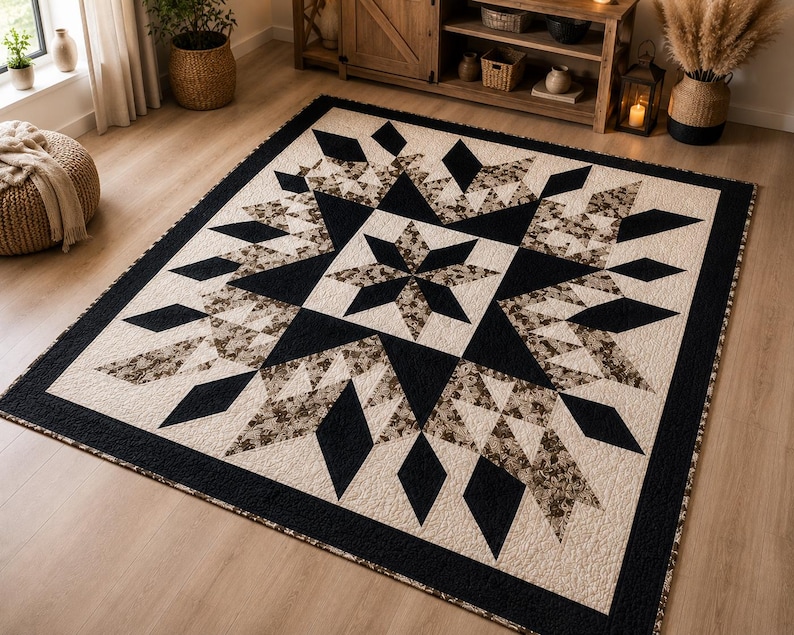 Puede incluir: Una colcha cuadrada con un patr&oacute;n de estrella central rodeado de formas geom&eacute;tricas. El dise&ntilde;o incorpora tela negra s&oacute;lida, tela de color crema y una tela con patr&oacute;n moteado en tonos marr&oacute;n y bronceado, dispuestas en un dise&ntilde;o de estrella sim&eacute;trico.