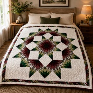 May include: A white quilt with a large starburst design in shades of burgundy, green, and black. The quilt has a geometric pattern and a decorative border. The bedding is on a wooden bed frame in a bedroom setting.