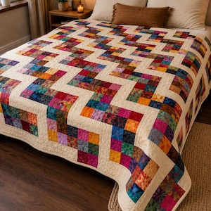 Patrón de colcha Radiant Steps en PDF / Patrón de colcha de patchwork moderno / Colcha tamaño Queen/King / Descarga instantánea