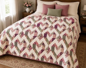 Modèle de courtepointe Cottage Hearts (PDF) | Modèle de courtepointe florale en forme de cœur | Courtepointe patchwork vintage | Modèle de courtepointe romantique de style cottage