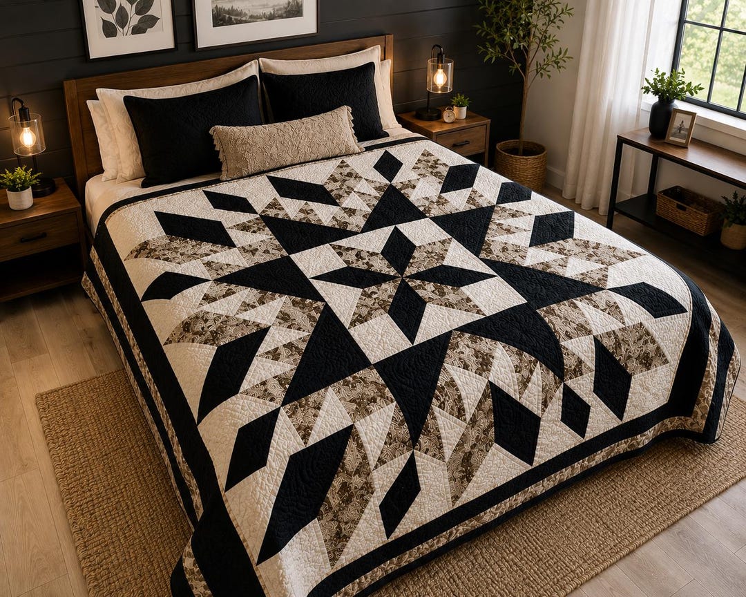 Midnight Starburst Quilt Pattern PDF | Full, Queen & King Size Quilt | Modern Star Quilt P