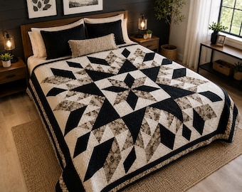 Midnight Starburst Quilt Pattern PDF | Full, Queen & King Size Quilt | Modern Star Quilt Pattern | Instant Download