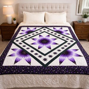 May include: A quilt featuring a large central star pattern in shades of purple and white, surrounded by smaller star motifs and a dark purple floral border. The design is geometric with a diamond-shaped frame, showcasing intricate pieced fabric work.