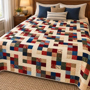 May include: A patchwork quilt featuring a repeating zigzag pattern of small squares in shades of red, blue, green, and cream. The quilt is constructed from various patterned fabrics and solid colors, creating a geometric design that covers the bed.