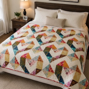 Puede incluir: Una colcha con un patrón geométrico repetitivo de formas de corazón construidas con triángulos de tela multicolor en tonos azul, amarillo, naranja, rosa y verde, sobre un fondo blanco con una textura acolchada fina.