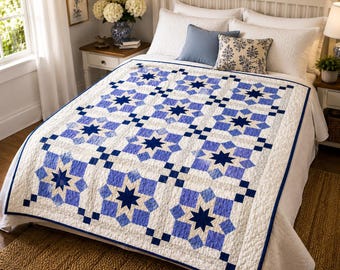Starlight Serenade Quilt Anleitung, blau weiße Sterne, moderner Patchwork Überwurf (PDF Download)