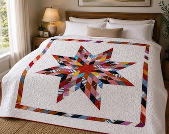 Patron PDF de courtepointe Étoile Rayonnante | Courtepointe Étoile Solitaire en patchwork | Patron de courtepointe Étoile Moderne en Patchwork | Couverture Jetable Compatible avec les rouleaux de gelée