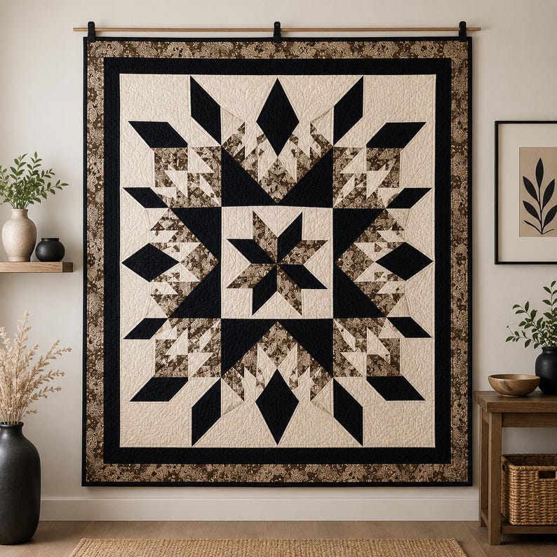 Puede incluir: Un edred&oacute;n de pared cuadrado que presenta un motivo de estrella central rodeado de formas geom&eacute;tricas de diamante. El dise&ntilde;o utiliza una paleta de colores crema, negro s&oacute;lido y una tela con estampado floral marr&oacute;n. El edred&oacute;n cuelga de una varilla de madera con clips negros.