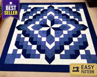 Modello PDF per trapunta Nana Flower, trapunta geometrica blu moderna, misura King Size 108x108, download immediato.