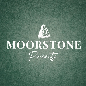 May include: The Moorstone Prints logo on a textured, dark green background. The logo features a white illustration of a mountain above the words "MOORSTONE" and "Prints" in a serif and script font, respectively.