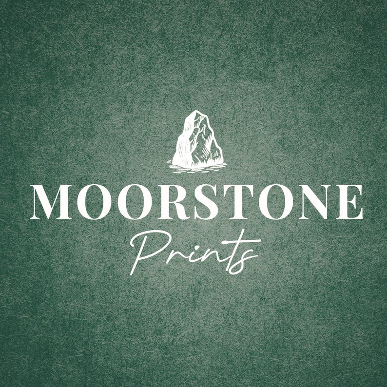 May include: The Moorstone Prints logo on a textured, dark green background. The logo features a white illustration of a mountain above the words "MOORSTONE" and "Prints" in a serif and script font, respectively.