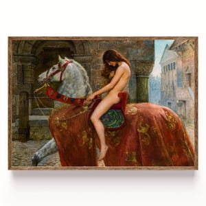 May include: A painting depicting a person with long auburn hair riding a white horse. The horse wears a red caparison adorned with gold lion motifs and a red bridle. The scene is set in a stone courtyard with architectural structures in the background.
