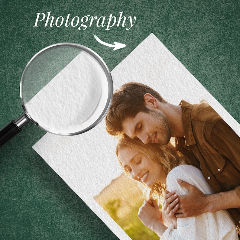 May include: A magnifying glass over a printed image of a couple embracing, with the word "Photography" and an arrow. The couple is smiling and appears to be in love. The image has a textured, artistic quality.