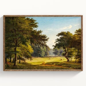 May include: A framed landscape painting depicts a sunny meadow surrounded by trees. The artwork features a vibrant color palette of greens, yellows, and blues, with a detailed depiction of foliage and a clear sky. The painting is encased in a brown wooden frame.