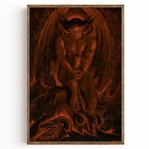 May include: A framed wall art print featuring a dark, monochromatic red illustration of a winged figure sitting on a rock. The figure holds a long staff, with a serpent coiled at the base. The composition is rendered in deep crimson and black tones.