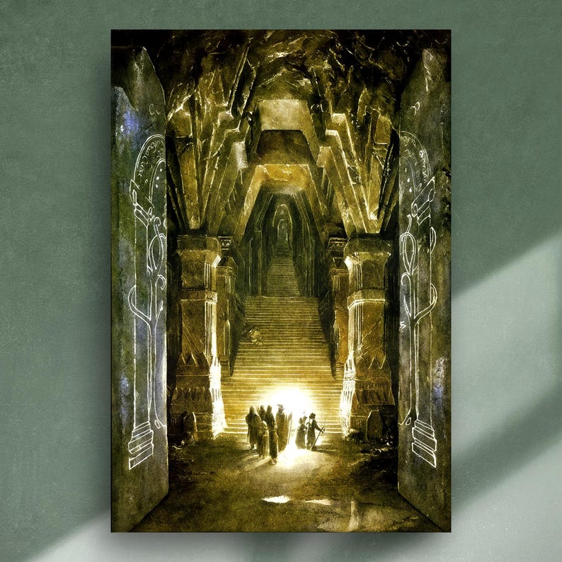 May include: An artistic print showing a vast, ancient hall with tall pillars and a long staircase. The scene is lit by a warm, golden light, with figures at the foot of the stairs. The artwork has a fantasy theme.
