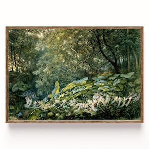 Peut inclure: Une impression encadrée d'une scène de forêt avec des fées. L'œuvre représente une forêt verte luxuriante avec la lumière du soleil filtrant à travers les arbres. Des fées en robes blanches dansent parmi de grandes feuilles vertes.