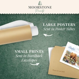 May include: A cylindrical cardboard poster tube containing a white rolled poster and a brown hardback envelope containing a small print of a highland cow. The text reads MOORSTONE Prints, LARGE POSTERS Sent in Poster Tubes, and SMALL PRINTS Sent in Hardback Envelopes.