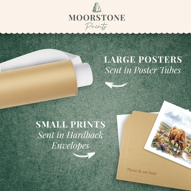 May include: A cylindrical cardboard poster tube containing a white rolled poster and a brown hardback envelope containing a small print of a highland cow. The text reads MOORSTONE Prints, LARGE POSTERS Sent in Poster Tubes, and SMALL PRINTS Sent in Hardback Envelopes.