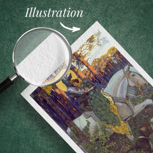 May include: An illustration of a knight on a white horse, with a woman in a green dress, set in a forest. The word "Illustration" is at the top. A magnifying glass is in the foreground.