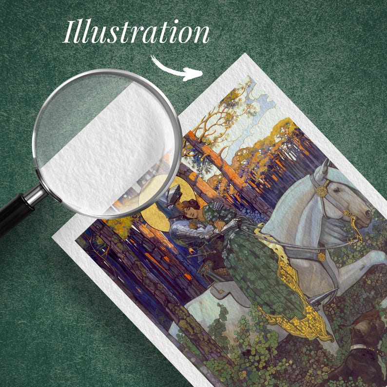 May include: An illustration of a knight on a white horse, with a woman in a green dress, set in a forest. The word "Illustration" is at the top. A magnifying glass is in the foreground.