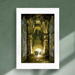 May include: A print of a detailed watercolour painting depicting a grand, arched hall with a staircase leading to a bright light. The artwork features a warm, golden colour palette with figures at the bottom of the stairs.