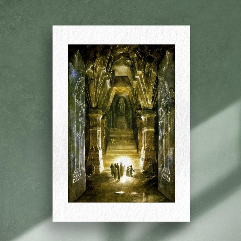 May include: A print of a detailed watercolour painting depicting a grand, arched hall with a staircase leading to a bright light. The artwork features a warm, golden colour palette with figures at the bottom of the stairs.