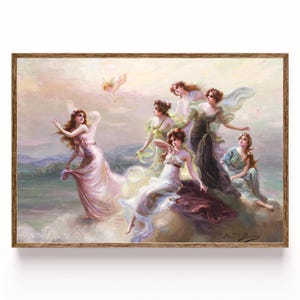 May include: A framed vintage painting depicts several women in flowing gowns amidst clouds, with a cherub in the background. The artwork features soft pastel colors, with a focus on the figures' graceful poses and ethereal atmosphere.