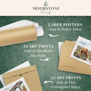 May include: An image from "MOORSTONE Prints" showing packaging details. Large posters are sent in tubes, A4 prints in hardback envelopes, and A3 prints in flat corrugated boxes. The background is a textured green surface.